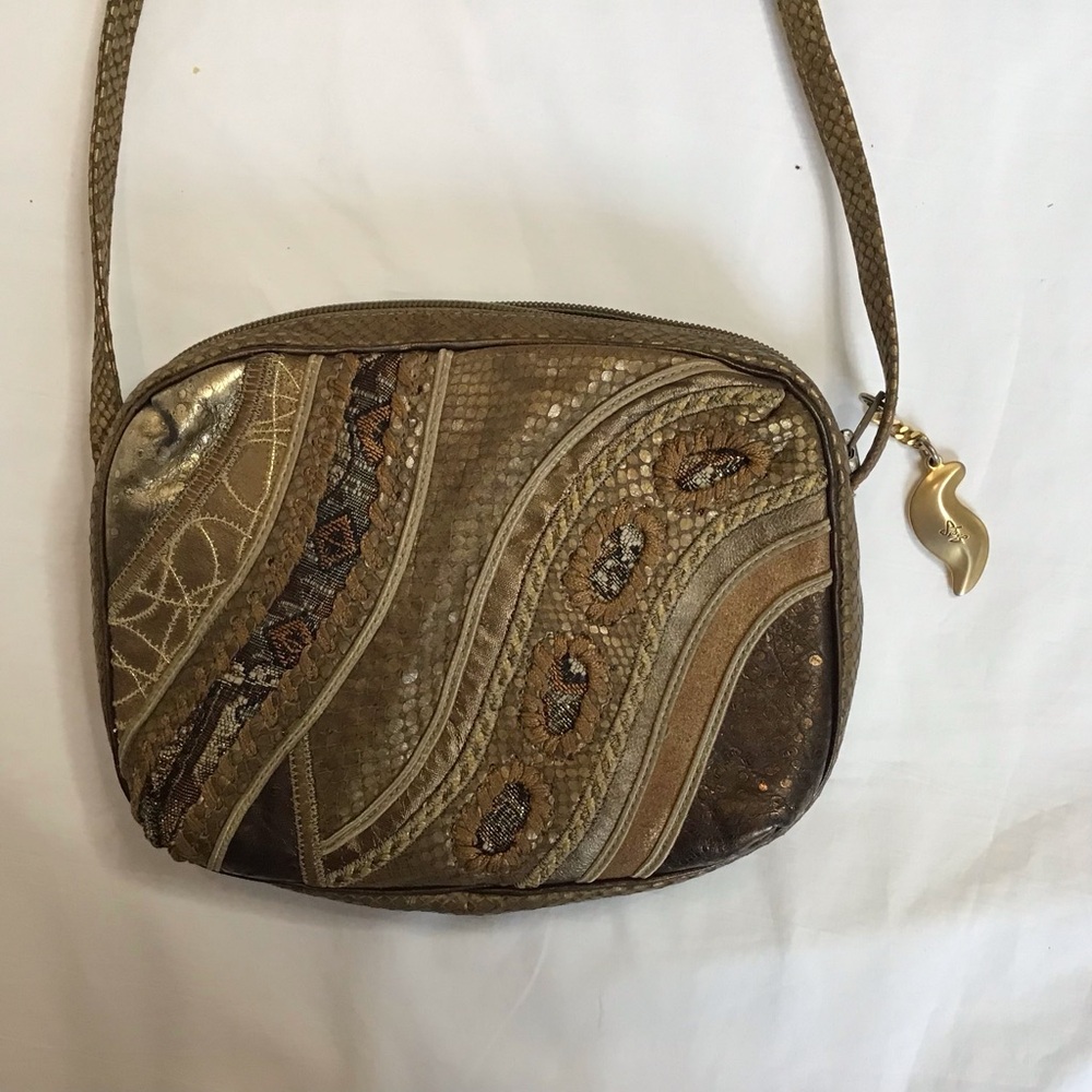 Sharif Brown Gold Metallic Crossbody Leather Bag Shoulder Bag Purse Bead Tassel